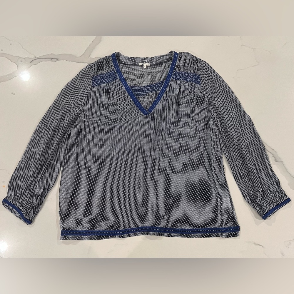 Joie 100% Silk Embroidered Navy Abstract Print Sheer Boho Tunic Size Large
